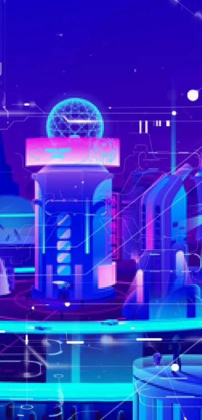 Vibrant neon blue futuristic cityscape with advanced technology elements.