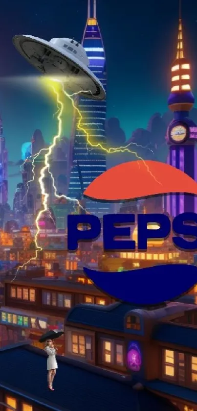 Futuristic cityscape with UFO and Pepsi logo in vibrant neon colors.