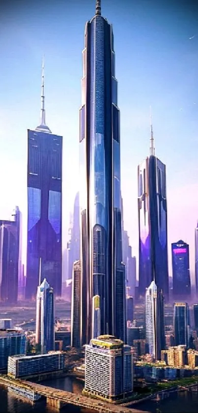 Futuristic city skyline with tall skyscrapers against a blue sky.