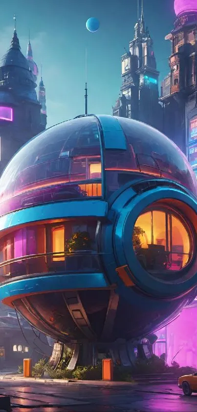 Futuristic cityscape with neon lights and spherical architecture.