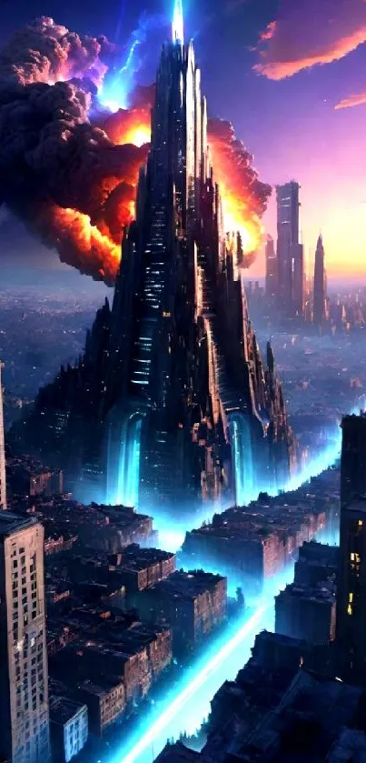 Futuristic cityscape with neon lights and skyscrapers.