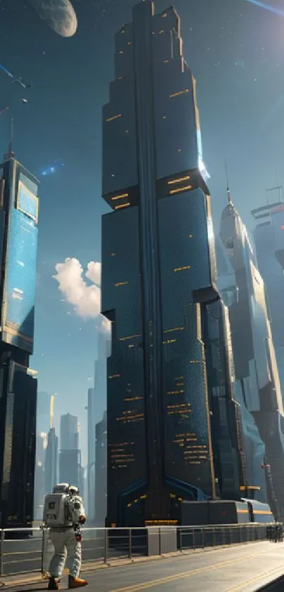 Futuristic cityscape with tall buildings and blue sky in mobile wallpaper.