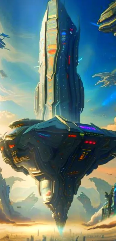 Futuristic cityscape with hovering spacecraft and blue sky.