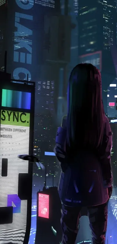 Silhouette faces a neon-lit cyberpunk cityscape.