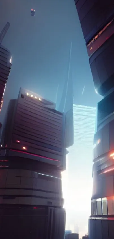 Futuristic cityscape with neon lights and skyscrapers in a sci-fi setting.