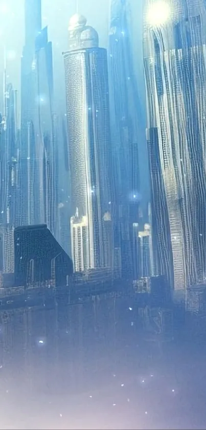 Futuristic cityscape with tall skyscrapers against a blue backdrop.