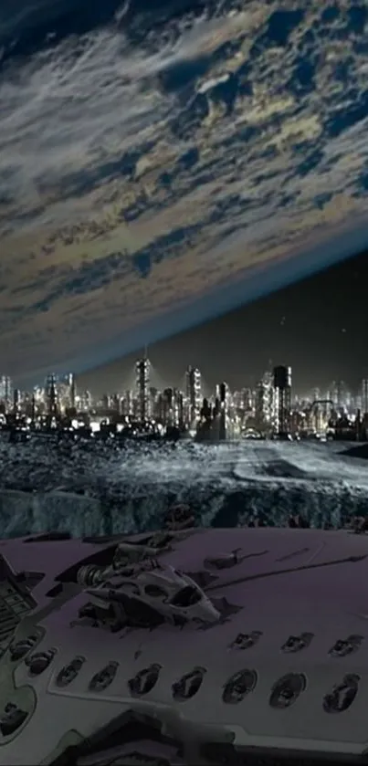 Futuristic cityscape under a dramatic sky with cosmic elements.