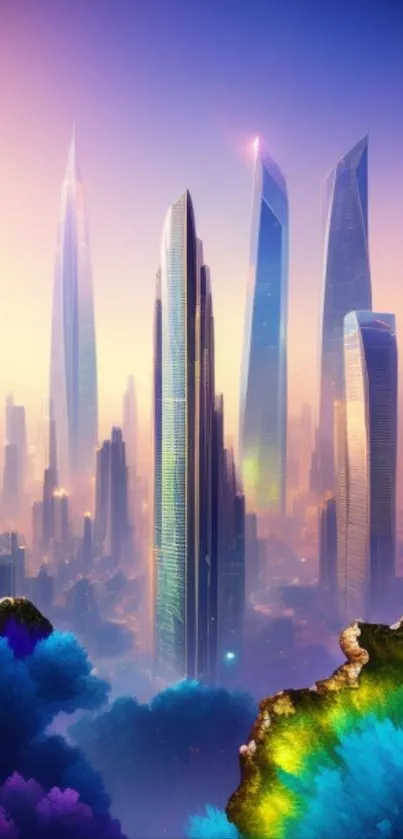 Futuristic skyscrapers with a dreamy colorful skyline in a sci-fi city.