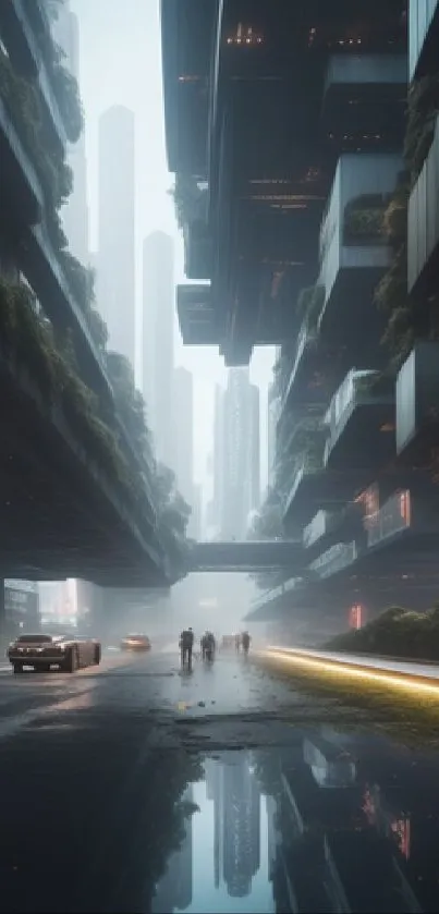 Futuristic cityscape with skyscrapers and a reflective wet street.