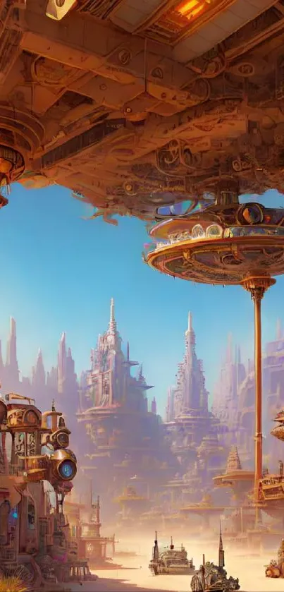 Futuristic cityscape with floating platforms and detailed architecture.