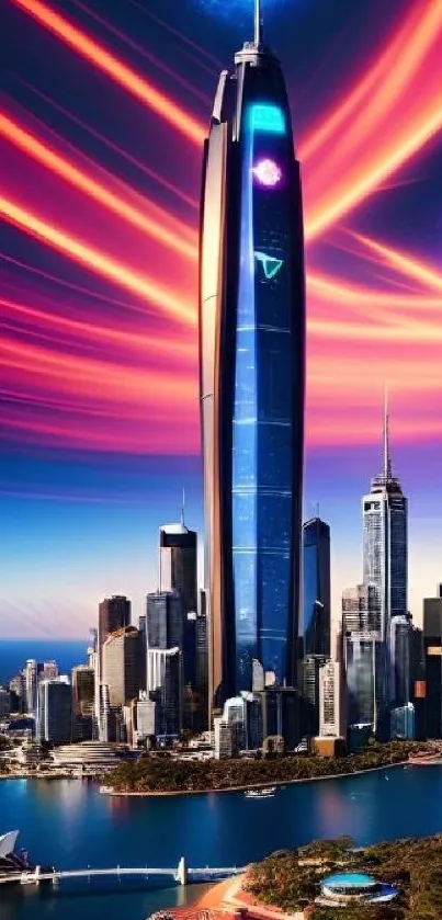 Futuristic city skyline with neon lights and skyscrapers.
