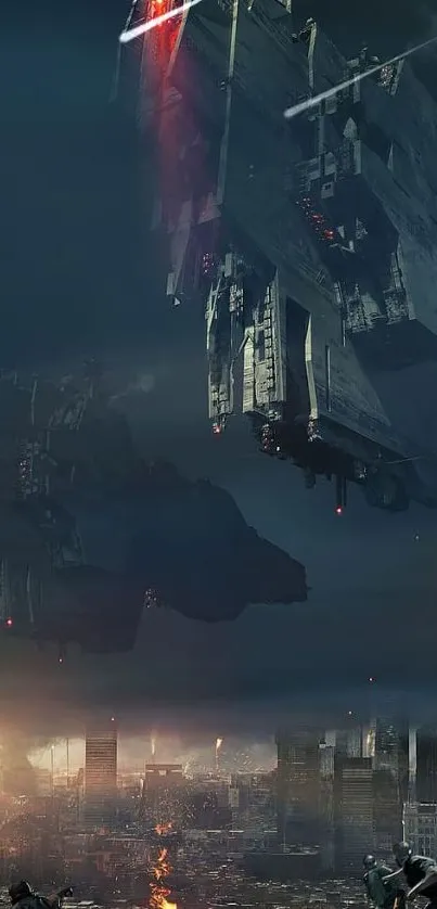 Futuristic city with starships at dusk.