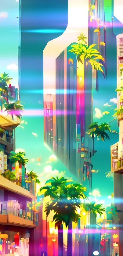 Futuristic cityscape with skyscrapers and palm trees.