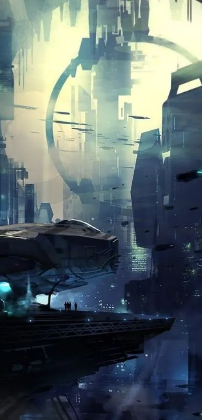 Futuristic cityscape with flying cars.