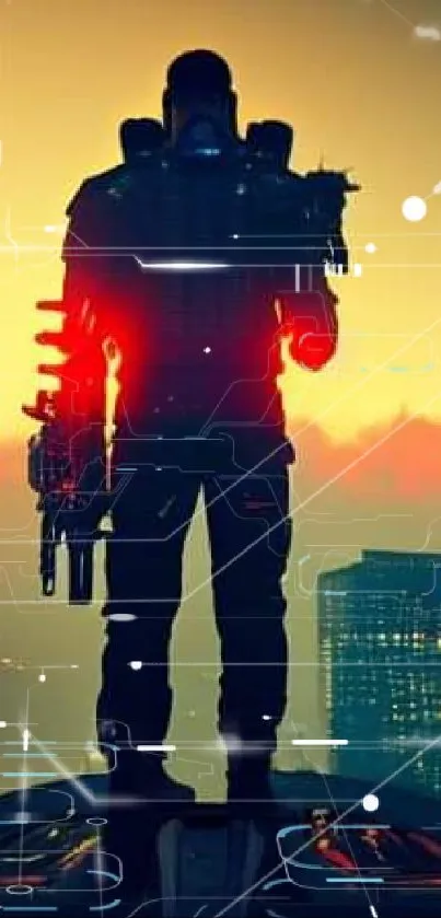 Silhouetted hero in futuristic cityscape with glowing orange skyline.