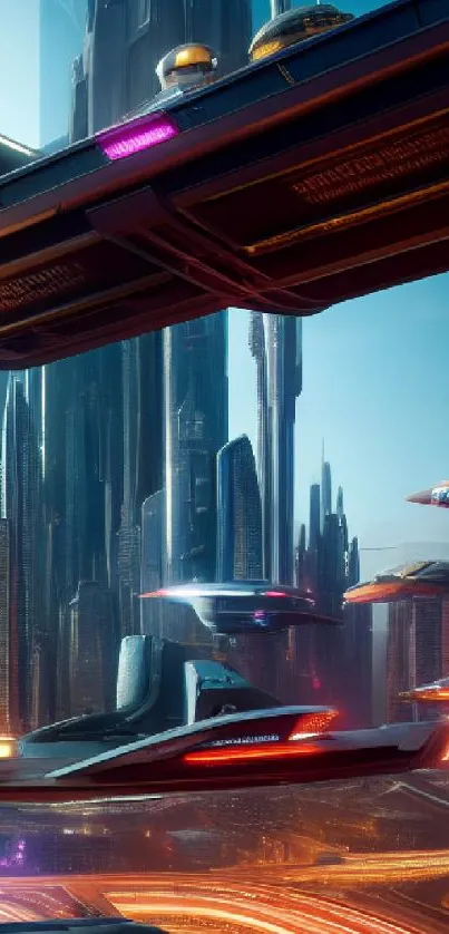 Futuristic city skyline with flying cars and neon lights in a sci-fi setting.