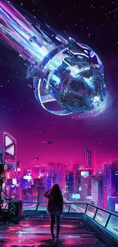 Futuristic cityscape with neon lights and sci-fi spaceship in the sky.