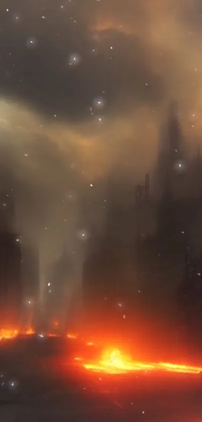 Futuristic cityscape wallpaper with fiery hues and a moody atmosphere.