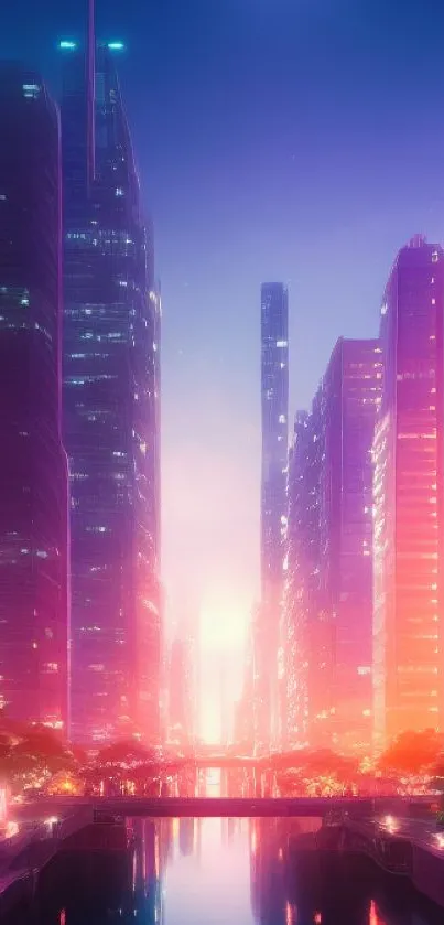 Futuristic cityscape with neon lights and skyscrapers under a moonlit sky.