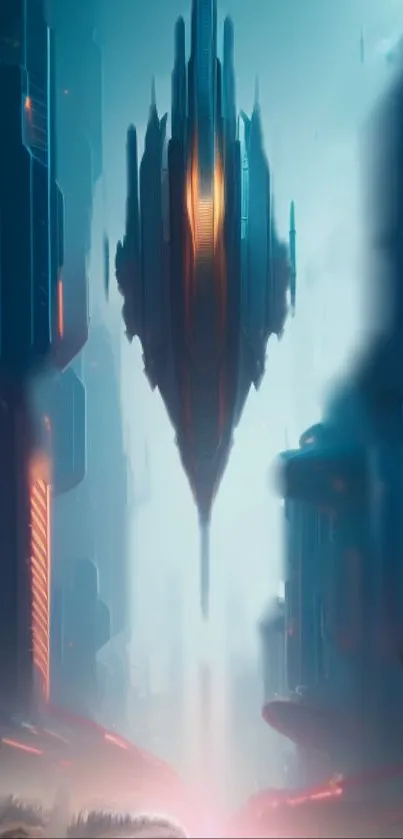 Futuristic cityscape with neon lights and towering architecture.