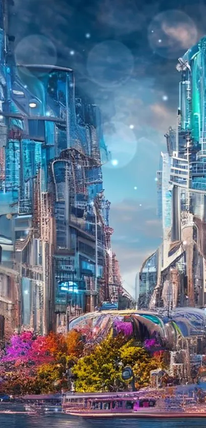 Futuristic cityscape wallpaper with sleek skyscrapers and vibrant colors.