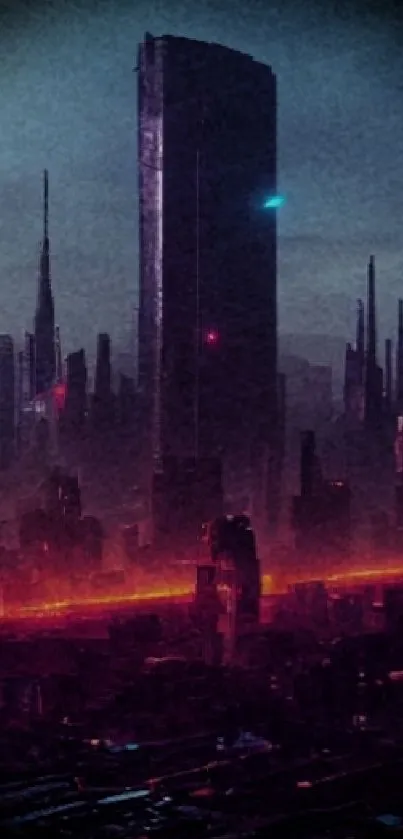 Futuristic cityscape with neon lights and dark skyscrapers.