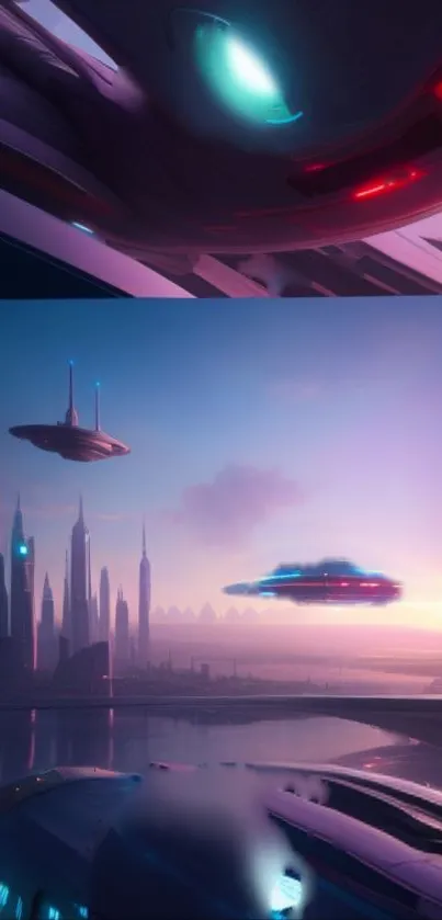 A futuristic cityscape with flying vehicles in a vibrant, purple-themed skyline.