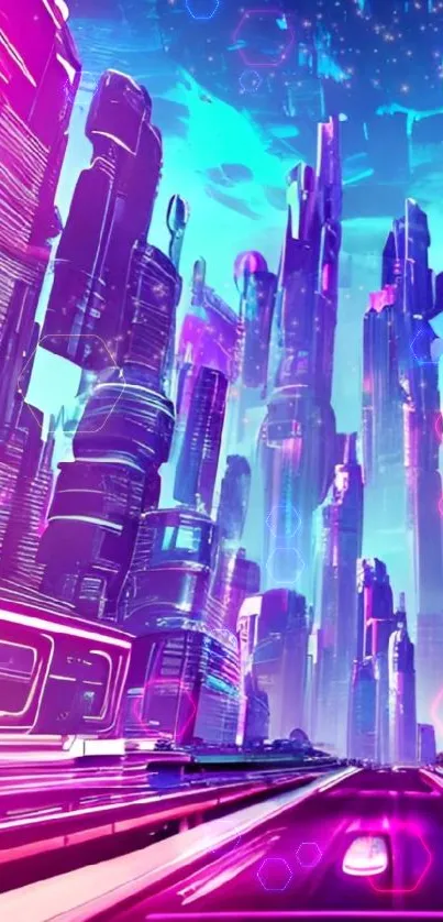 Futuristic neon cityscape with vibrant skyscrapers.