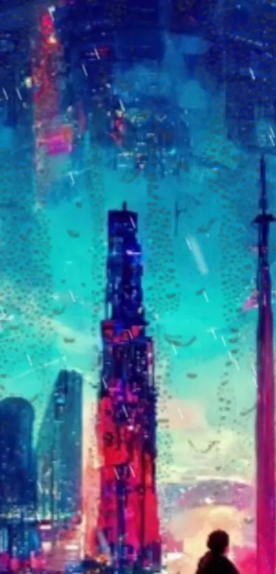 Futuristic cityscape with towering skyscrapers and vibrant colors.