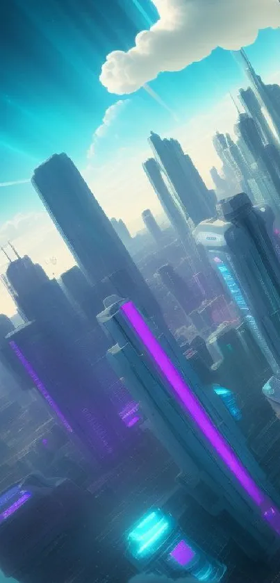 Futuristic cityscape wallpaper with teal and purple skyscrapers.