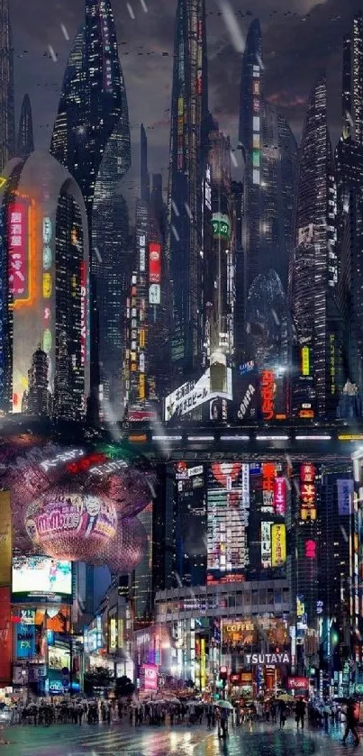 Futuristic cityscape with neon lights glowing in a cyberpunk style.