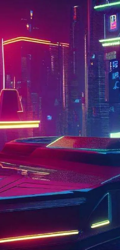 Futuristic neon cityscape with vibrant colors and glowing lights.