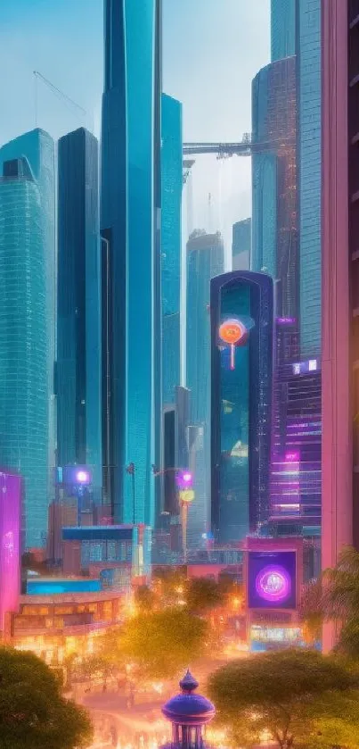 Vibrant futuristic cityscape with neon lights and skyscrapers at night.