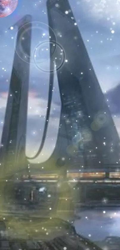 Futuristic cityscape with snowflakes and celestial elements.