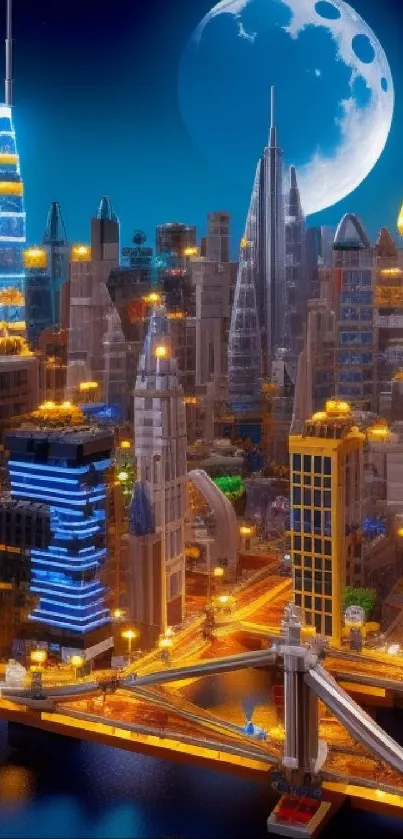 Futuristic cityscape under a glowing moon with neon-lit skyscrapers.