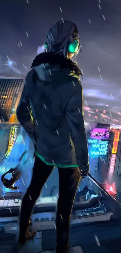 Futuristic cityscape with neon lights and a mysterious figure.