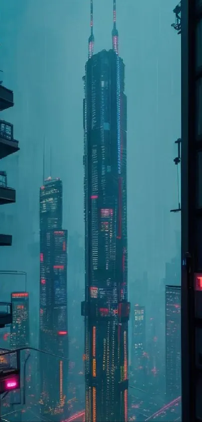 Futuristic cityscape with neon-lit skyscrapers against a teal sky.