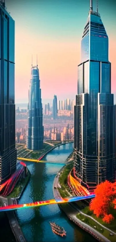 Futuristic cityscape with tall skyscrapers and vibrant sunset hues.