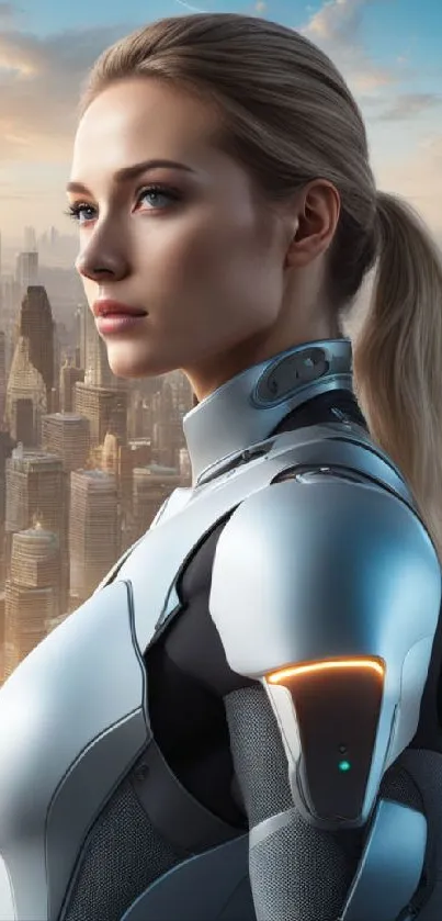 Futuristic cityscape with android overlooking skyline and distant skyscrapers.