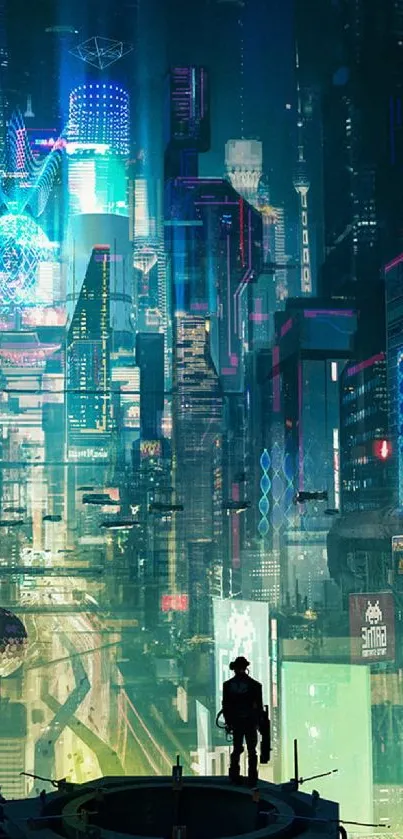 A vibrant futuristic cityscape with neon lights and modern skyscrapers.