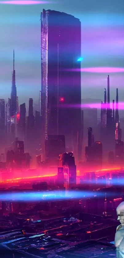 Futuristic city skyline with purple glow and towering skyscrapers.