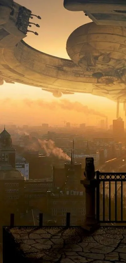 Futuristic cityscape with a hovering spaceship at sunset.