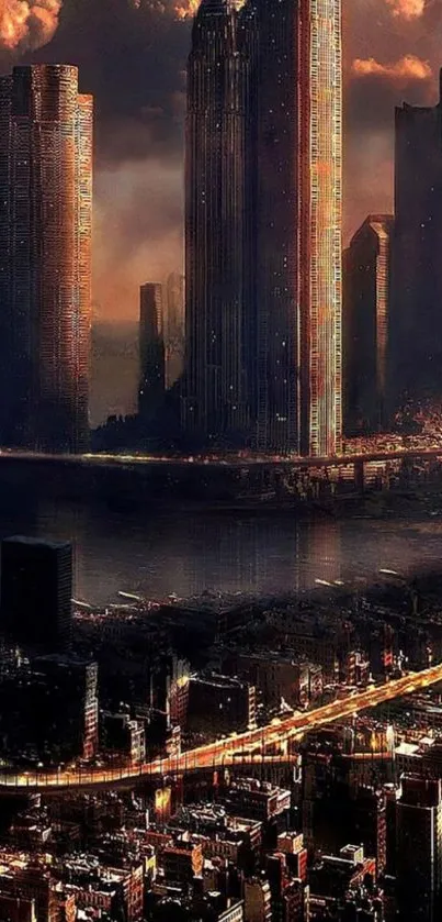 Futuristic cityscape with towering skyscrapers and dramatic skies.