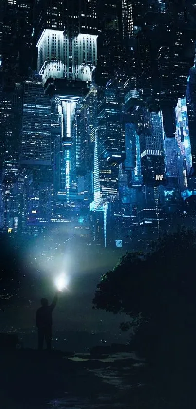 Futuristic night cityscape with person holding light