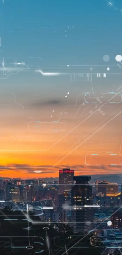 Futuristic cityscape at sunset with a digital overlay.