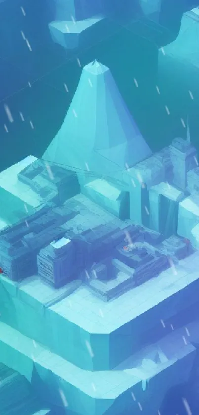 Futuristic cityscape with geometric skyscrapers in serene blue tones.