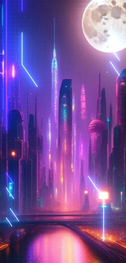 Futuristic neon cityscape with glowing colors and a full moon overhead.