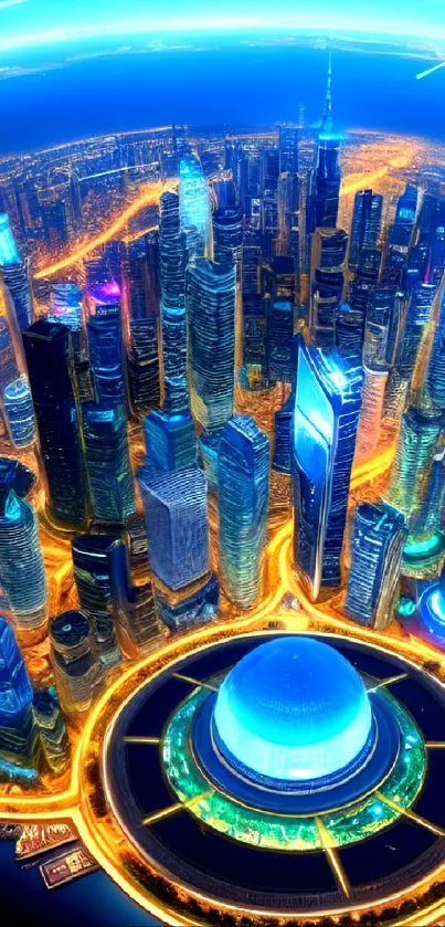 Aerial view of a futuristic city with vibrant blue and neon lights.