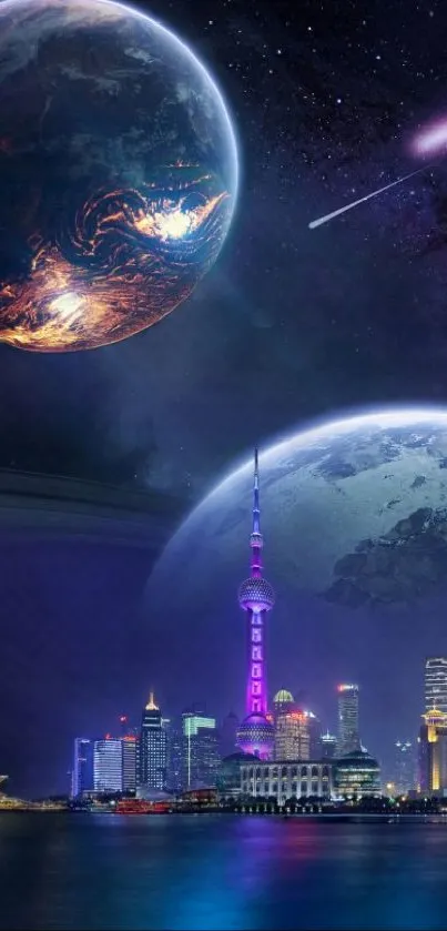 Futuristic cityscape with planets above in a cosmic night sky.