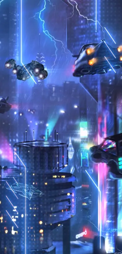 Futuristic city with neon lights and flying cars in a cyberpunk style.